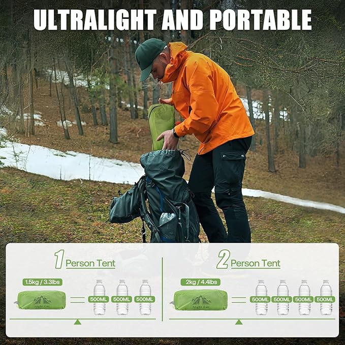 Night Cat Ultralight Tunnel Tent: Waterproof Lightweight Two People Backpacking Tent for Outdoor Camping Hiking Treeking with Double Layers Aluminum Poles and Footprint