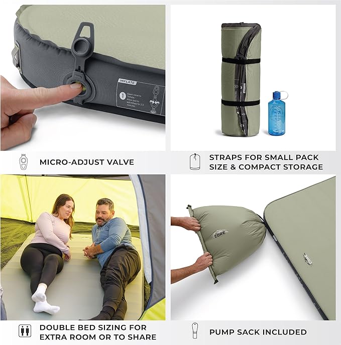 CORE Double Self Inflating Camping Bed | Perfect Blow Up Mattress for Travel Car Camping & Outdoor Use | Air & Foam Filled Inflatable Sleeping Pad for Adults