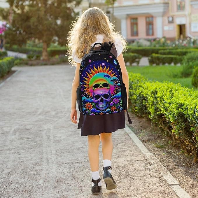 Men Women Polyester Psychedelic Skull Sun And Moon Neon Art Daypack Bookbag Big Capacity Shoulder Bag With Padded Straps for Climbing Travel Walking Cycling