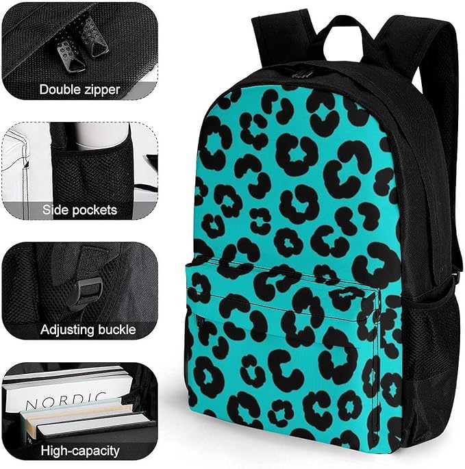 Shoulder Book Bags Anti-Theft Multipurpose Big Capacity Bookbag, Turquoise Green Cheetah Leopard Print Travel Hiking Backpack With Smooth Zippers