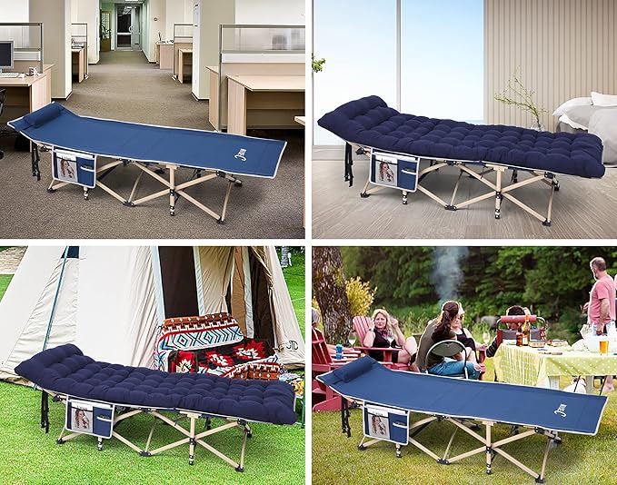 Nice C Camping Cots with Cushion, Camping Cots with Mattress, for Adults, Folding Cot, with Pillow, Carry Bag & Storage Pocket, Extra Wide Sturdy, Holds Up to 500 Lbs (2, Mattress Navy)