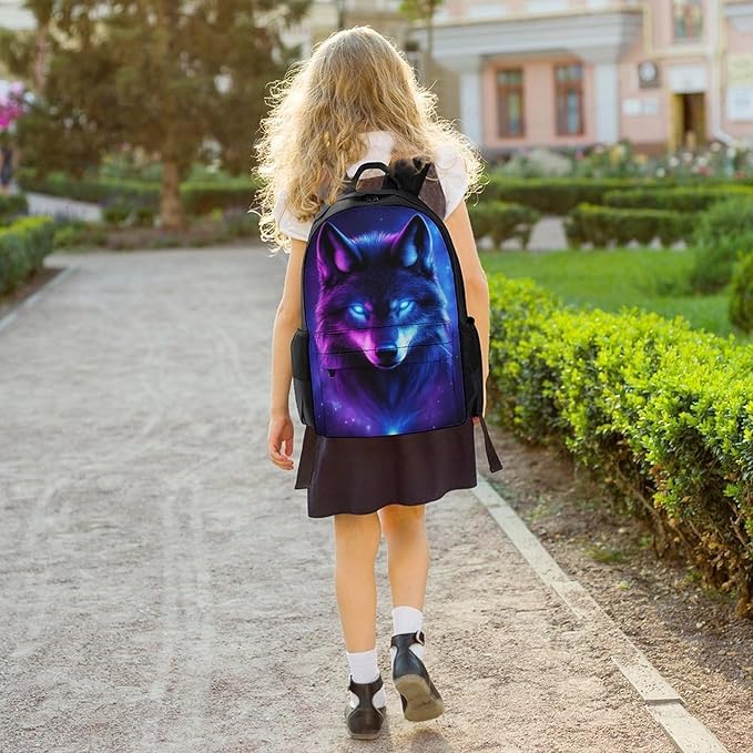 Men Women Polyester Purple Universe Galaxy Magic Wolf In The Space Casual Daypack Large Capacity Carry On Bag With Adjustable Shoulder Straps for Camping Work Running