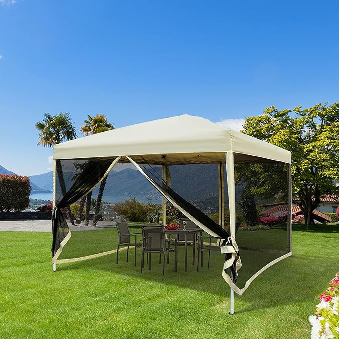 Outsunny 210D Oxford 10' x 10' Pop Up Canopy Tent with Netting, Instant Screen Room House, Tents for Parties, Height Adjustable, with Carry Bag, for Outdoor, Garden, Patio