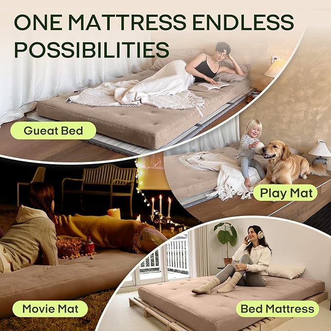ZonLi Japanese Floor Futon Mattress King Size 76"x 80",100% Cotton Cover 6'' Thicken Tatami Mattress,Foldable Sleeping Pad,Portable Dormitory Tatami Mat,Roll Up Floor Lounger Bed for Adult (Khaki)
