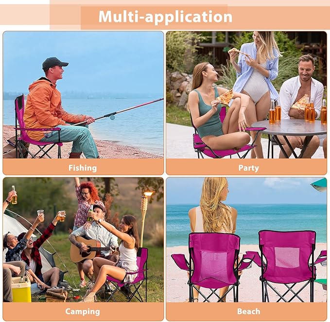 Shellwei 2 PCS Folding Camping Chair with Cupholder and Carry Bag Regular Size Colorful Breathable Portable Lightweight Lawn Chair with Side Pocket for Fishing Hiking Beach Outdoor Activity