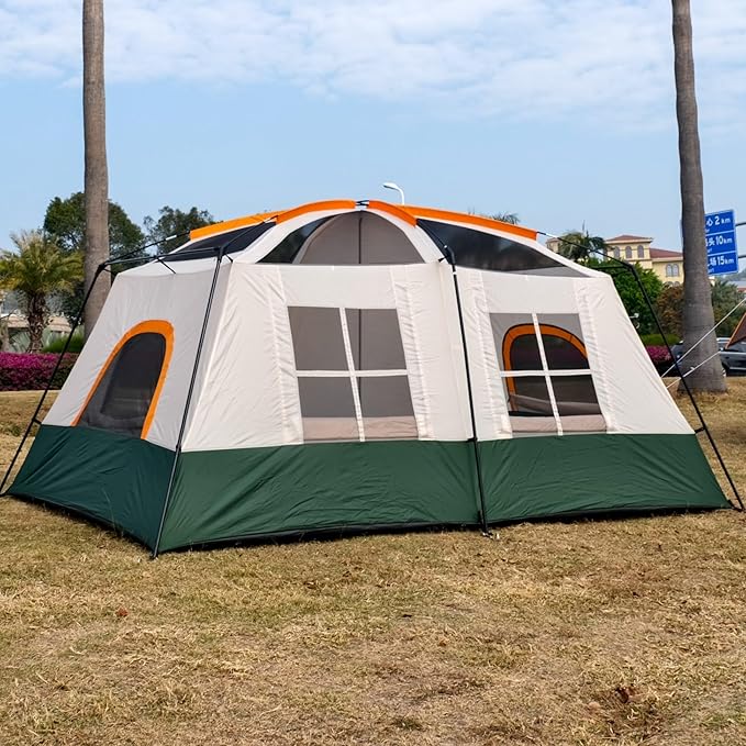 KTT Large Tent 6-8-10-12 Person,Family Cabin Tents,2 Rooms,2 Doors and 4 Windows with Mesh,Straight Wall,Waterproof,Double Layer,Big Tents for Outdoor,Picnic,Camping,Family Gathering