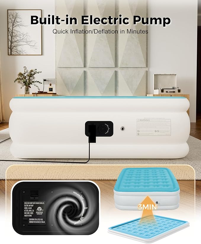 Full Air Mattress with Built-in Pump, Single Air Bed with Portable Storage Bag, Suitable for Home and Guests, Top Flocking, 18" Full Sky Blue