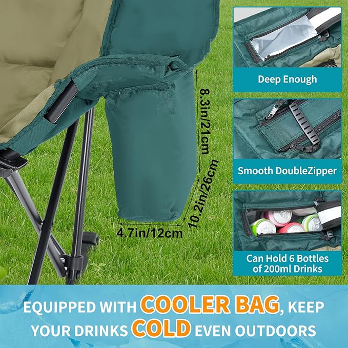 Oversized Rocking Camping Chair for Adults - 330lbs Capacity Heavy Duty Padded Recliner - Folding Lawn Chair with Cooler Bag and Pockets - Portable Rocker Chair Outdoor for Camp Patio Backyard