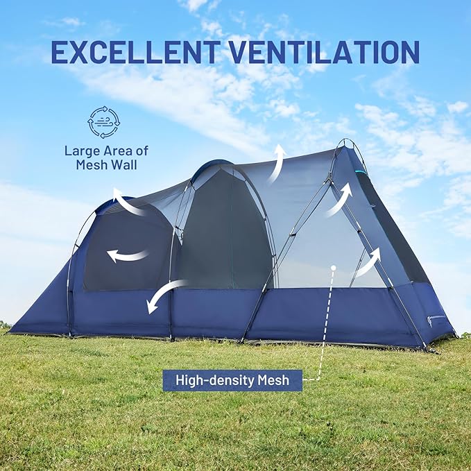 Timber Ridge 8 Person Camping Tent with Large Porch, Portable Waterproof Windproof Family Tent with Rainfly Carry Bag Room Divider, Easy Set-up Tent with Excellent Ventilation for Camping, 3 Season