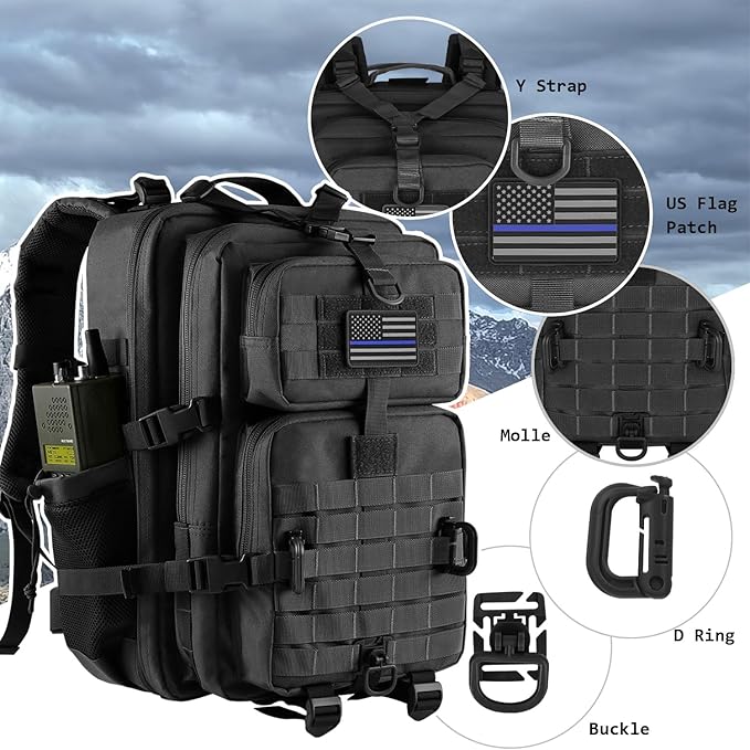 45L MOLLE Assault Backpack, Tactical Backpack Military Army Camping Rucksack with Bottle Holder, 3-Day Pack Trip w/USA Flag Patch, D-Rings, Black