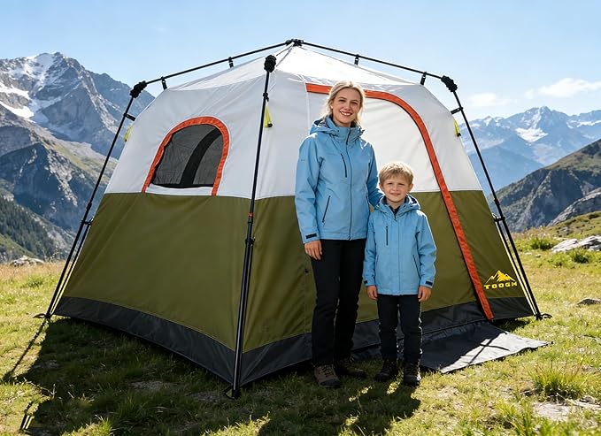 3/4 Person Camping Tent with 1 Door, 4 Windows, and Upgraded Ventilation– Instant Setup, Waterproof, 8'x 8'x 67''Oxford Fabric Floor Pop Up in 60 Seconds Includes Rainfly and Backpack