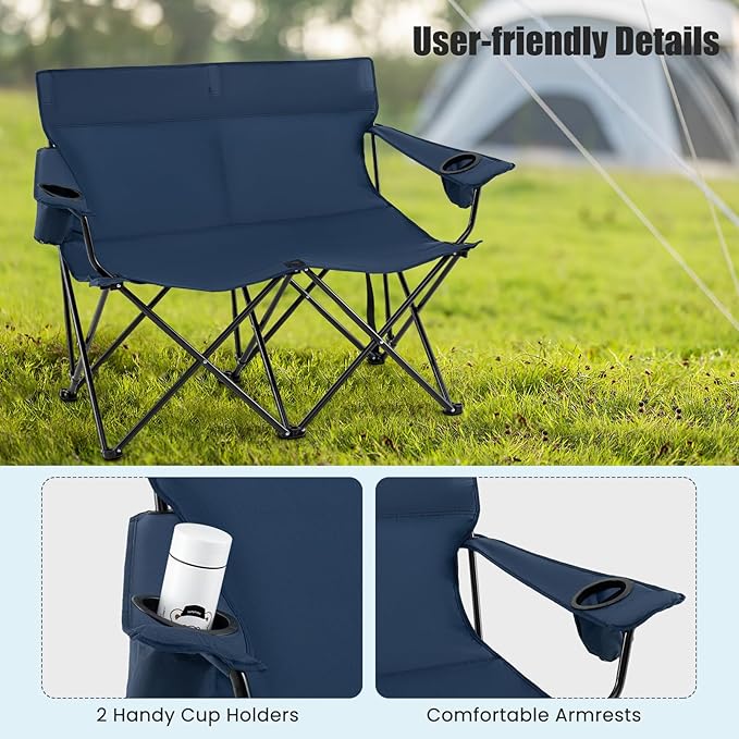 Goplus Double Camping Chair, Oversized Heavy Duty Camping Loveseat for Adults, Portable Folding 2 Person Camping Chair with Cup Holder for Outdoor Lawn Beach Backyard