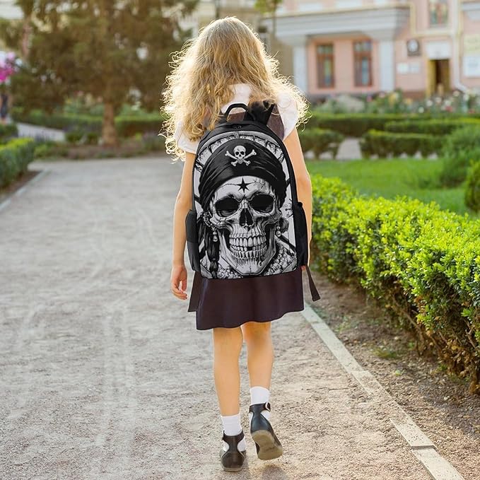 Women Men Polyester 3D Pirate Skull Casual Daypack Large Capacity Bookbag With Side Pockets for Sports Picnic Walking Cycling