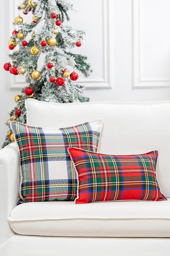 Hofdeco Premium Classic Christmas Holiday Winter Heavy-Weight Canvas Decorative Lumbar Pillow Cover ONLY for Couch, Sofa, Bed, Scottish Tartan Plaid with Sherpa Back, Red, 12"x20"