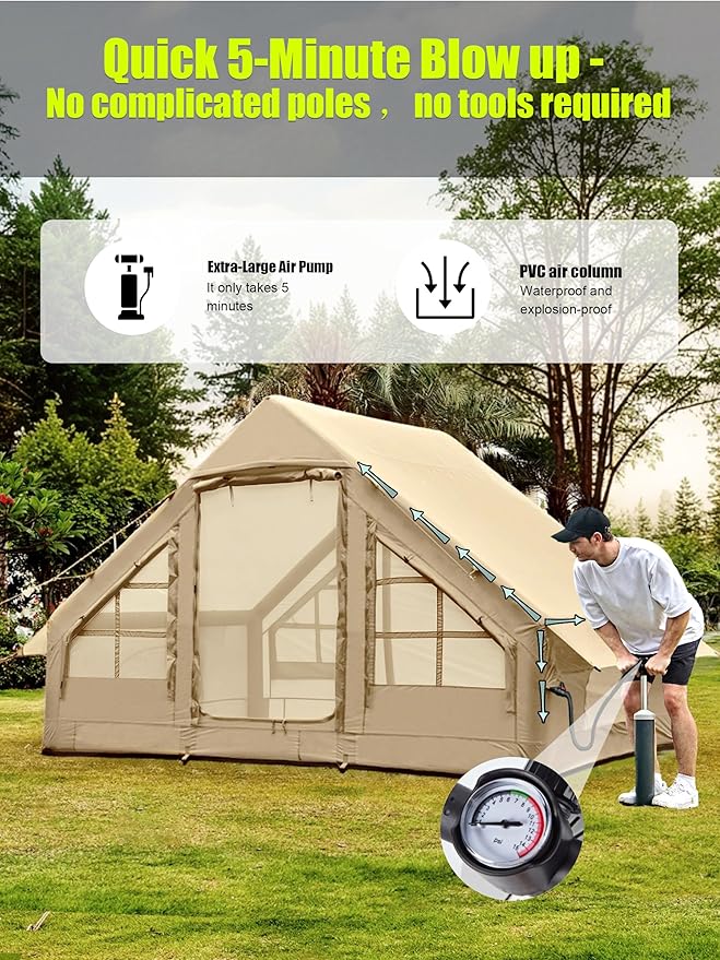Inflatable Tents with Hand Pump Hot Tent with Stove Jack Easy Blow Up Glamping Tent with Mesh Windows, 4-6 Person Instant Family Camping Tents Waterproof for 4 Seasons
