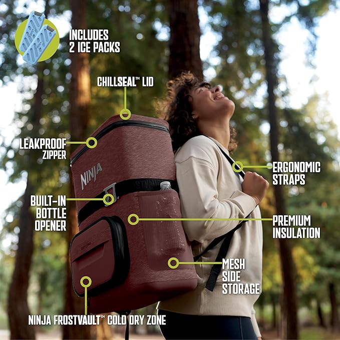 Ninja FrostVault Go Can Soft Cooler, 24/36 Can, Leak Proof, Built-In Cup Holder, 2 Ice Packs & Dry Storage Drawer, Polyester Insulation, Hiking, Camping, Picnic