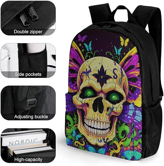 Rucksack Polyester Anti-Theft Multipurpose Skull And Butterflies Carry On Bag Large Capacity Travel and Sport Backpack Rucksack With Smooth Zippers