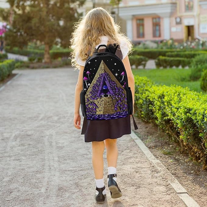 Men Women Polyester Trippy Magic Pyramid Mushrooms Universe Art Daypack Big Capacity Shoulder Bag With Smooth Zippers for Hiking Work Walking Cycling