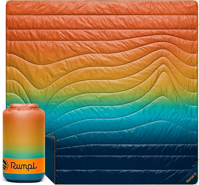 Rumpl Original Puffy Blanket - Warm Puffy Camping Blanket, 100% Recycled Polyester Insulation, Lightweight, Packable, Water-Resistant, Outdoor Puffer Blanket, 84"x80", Baja Fade