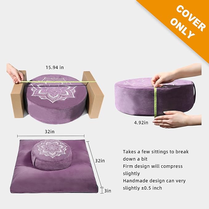 Meditation Zafu Cushion Set with Buckwheat Hulls & Memory Foam - Ergonomic Support for Yoga & Sitting - Removable Machine-Washable Luxury Velvet Cover - for Adults and Kids (Purple（COVER ONLY）)