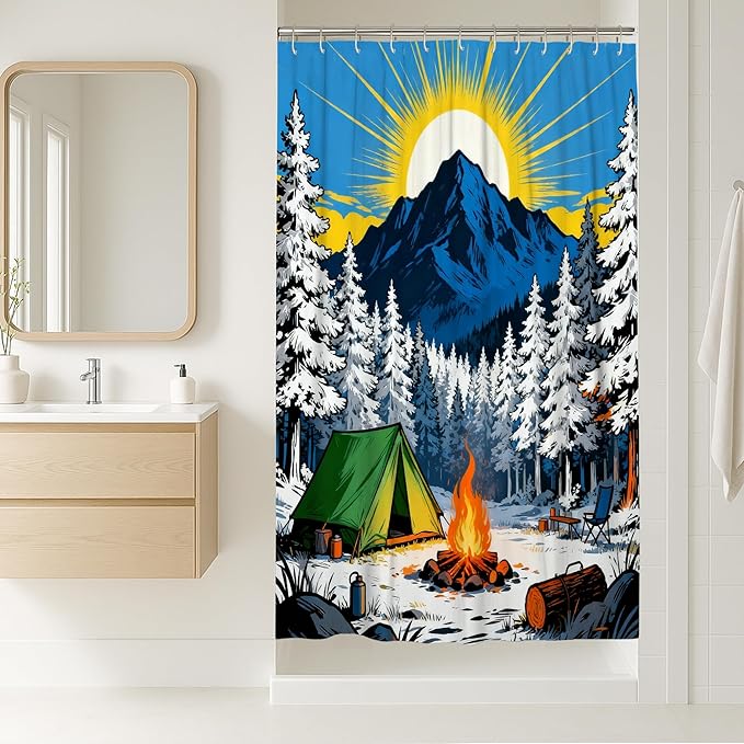Mountain Stall Shower Curtain, Nature Outdoor Tent Campfire Summer Blue Waterproof Fabric Clawfoot Tub Shower Curtains for Bathroom Toile Guest Room Decor 36x72 Inch