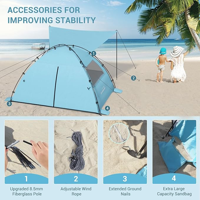 Elegear CumbreX™ Beach Tent Sun Shelter with Canopy, 4-5 Person Pop Up Beach Tent, Easy Setup UPF 50+ UV Protection Portable Lightweight Double Silver Coating Beach Cabana Sun Shade Shelter - Sky Blue