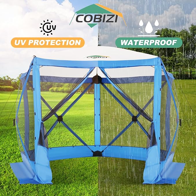 COBIZI 10x10 FT Pop up Gazebo, Popup Canopy tent, Screened In Gazebos with sidewalls, Waterproof Portable Outdoor Small Screen tents Sun Shelter,carpas para patio for Camping, Garden and Backyard,Blue