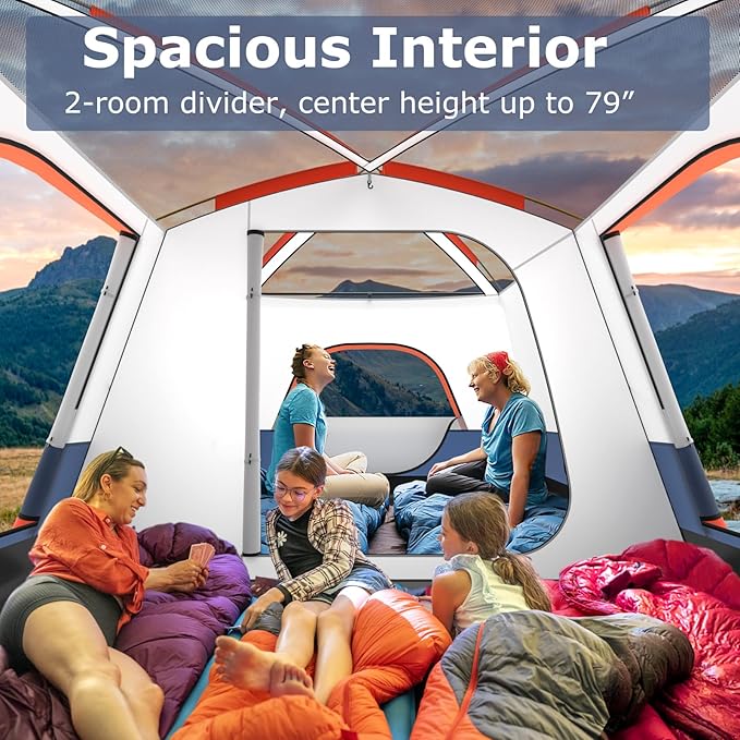 Tangkula 6/8/10-Person Camping Tent with Porch, Large Family Cabin Tent with 2 Rooms, 2 Doors, 2 Mesh Windows, Removable Rainfly, Carrying Bag, Double Layer Tents for Camping, Picnic, Outdoor