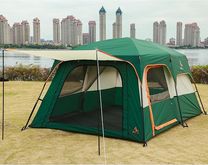 KTT Extra Large Tent 6-10-12-14 Person(Style-B),Family Cabin Tents,2 Rooms,3 Doors and 3 Windows with Mesh,Straight Wall,Waterproof,Double Layer,Big Tent for Outdoor,Picnic,Camping,Family Gathering
