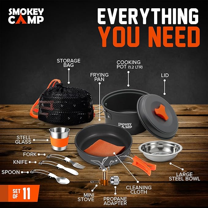 Camping Cookware Mess Kit Set with Stove - Backpacking Camping Pots and Pans Set, All in One Non-Stick Camping Cooking Set, Portable Stove, Hiking, Picnic, Outdoor & Camping Cookware Set