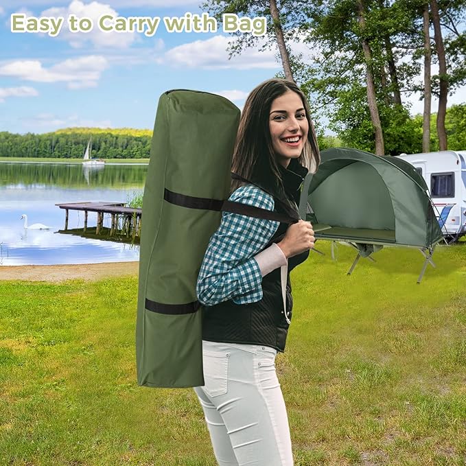 Tangkula 4-in-1 Camping Cot Tent Set, Foldable Off Ground Elevated Tent for 1 Person, Portable with Waterproof External Cover, Air Mattress & Carrying Bag, Ideal for Outdoor Hiking, Camping