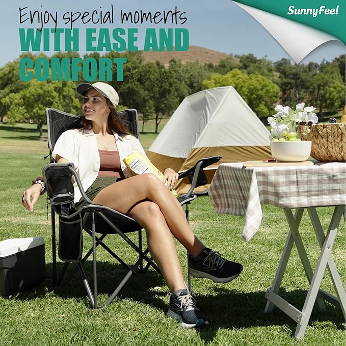 SUNNYFEEL XL Oversized Camping Chair 2 Pack, Folding Camp Chairs for Adults Heavy Duty Big Tall 500 LBS, Padded Portable Quad Arm Lawn Chair with Pocket for Outdoor/Picnic/Beach/Sports