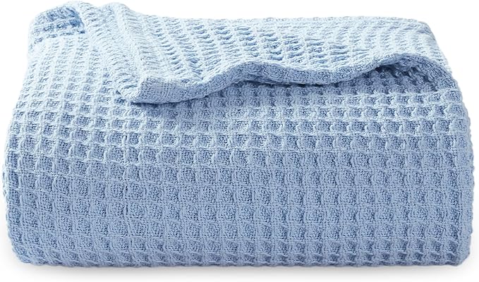 Bedsure Gentlesoft 100% Cotton Large Throw Blanket for Couch 50x70 inches - Breathable and Soft, Waffle Weave Throw Blanket for Office, Sky Blue