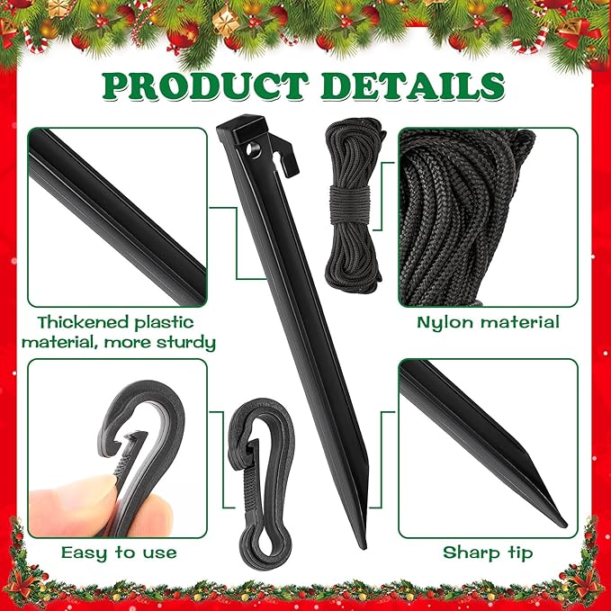 JULMELON 24 Pieces Plastic Inflatable Stakes Set, Include Tent Stakes, Tethers Ropes and Hooks Heavy Duty Yard Ground Lawn Stakes for Halloween Christmas Holiday Outdoor Decorations(8.7in)