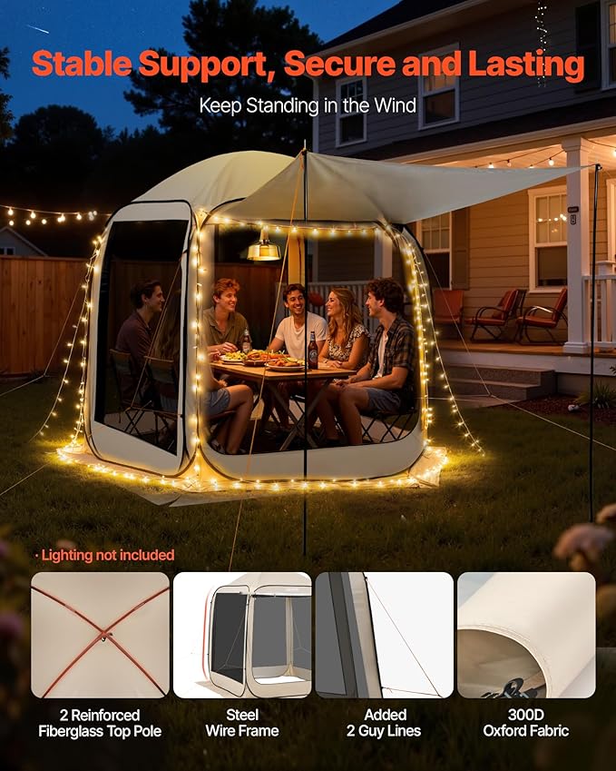 VEVOR Pop Up Screen House Tent, 6 x 6 ft, 4-6 Person Screen Gazebo with Extended Awning, Portable Screened in Canopy with Carry Bag, Netting Sides, for Patio, Backyard, and Outdoor Activities, Beige