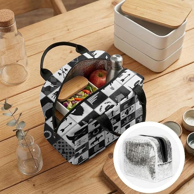 Western Retro Denim Insulated Lunch Bag Bear Deer Bird Nature Landscape Cactus Thermal Tote Portable Size (04)