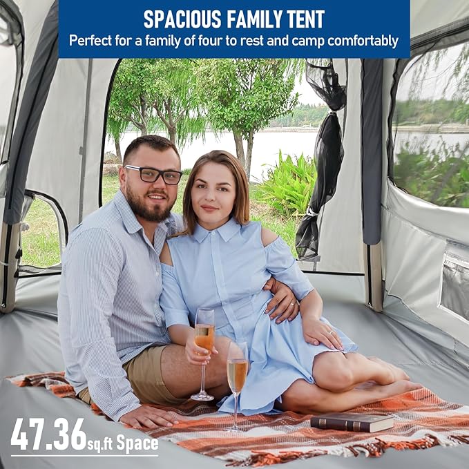 Quick Inflatable Camping Tent 3-4 Person Glamping Outdoor Air Blow Up Tents, Easy Set up,Rainfly & Waterproof Inflatable House Tent for Adults