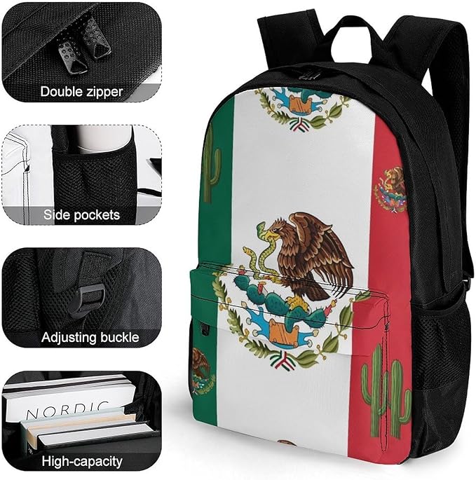 Lightweight Rucksack for Sports Travel Running, Big Capacity Multipurpose Anti-Theft Bookbag, Mexican Flag Art Travel and Sport Backpack Rucksack