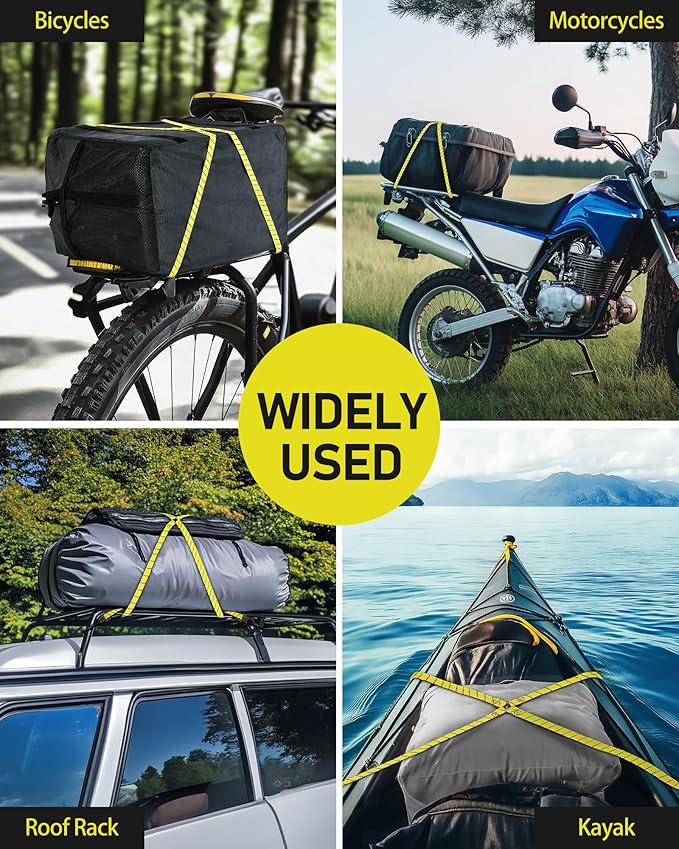 4 Pack 3 Way Flat Adjustable Bungee Cords with Hooks, Easy to Adjust The 3 Sides Length, Lucky Straps 30 Inch Black/Yellow Heavy Duty Tack Strap for Bike, Motorcycle, Roof Rack, Kayak, Cargo, etc