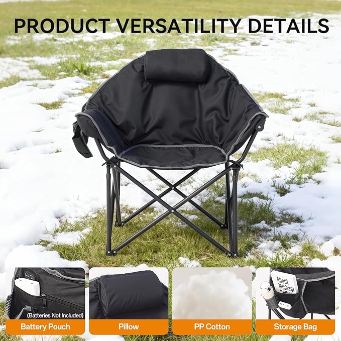 Oversized Heated Camping Chairs, Camp Chair for Adults with Back and Seat Heating, Portable Folding Chair with Pillow & Carry Bag for Outdoor Sports, Support 500lbs, Battery NOT Included