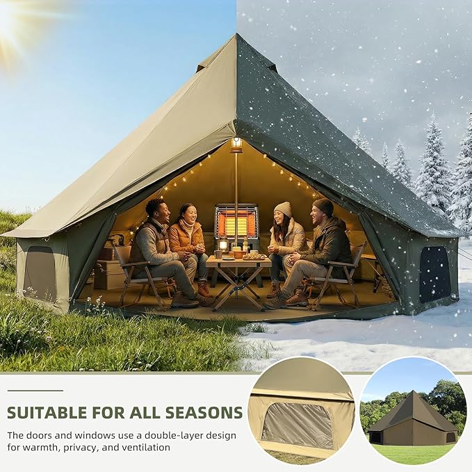 Bell Tent for Family Camping, 9.8/13.1/16.4 FT Yurt Tent with Stove Jack, 4 Season Oxford Tents for Outdoor Party, Hot Tent Shelter Fits 3-4 People
