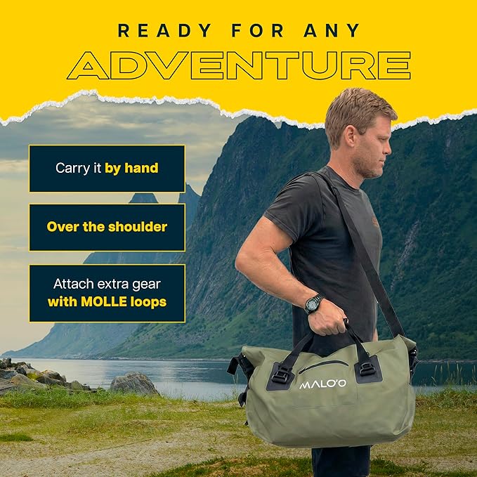 Malo’o Waterproof Dry Duffel, Heavy-Duty Roll Top Waterproof Gear Bag with Shoulder Strap & Molle Loops, Marine Duffel for Kayaking, Boating, Camping, Beach & Travel, Dark Green, 40L