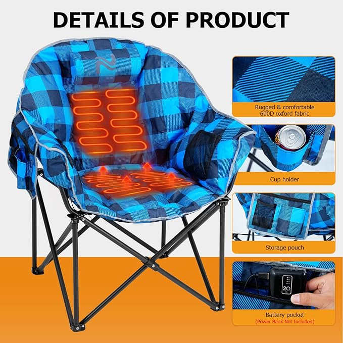 LILYPELLE Oversized Heated Camping Chair, Patio Lounge Chairs with 3 Heat Levels, Portable Folding Heated Chair Round Moon Saucer Folding Lawn Chair Outdoor Chair for Camping, Lounge Patio