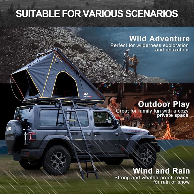 Naturnest Polaris Hardshell Rooftop Tent with 2 Luggage Racks, Car Roof Top Tent with AC Inlets, 3-Color LED Lights and Internal USB Plug for Vans, Jeeps, SUVs and Trucks, 2-3 Person Tents