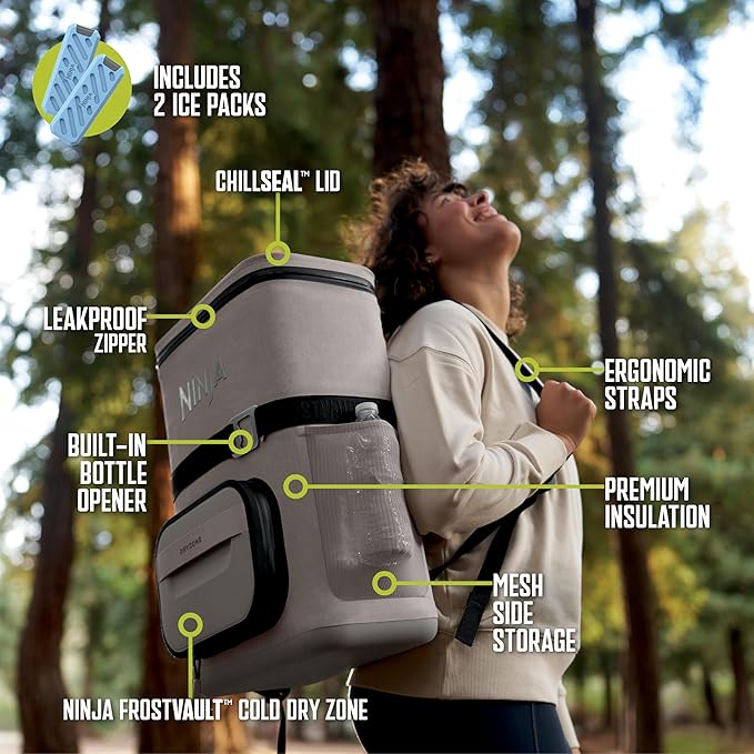 Ninja FrostVault Go Can Soft Cooler, 24/36 Can, Leak Proof, Built-In Cup Holder, 2 Ice Packs & Dry Storage Drawer, Polyester Insulation, Hiking, Camping, Picnic