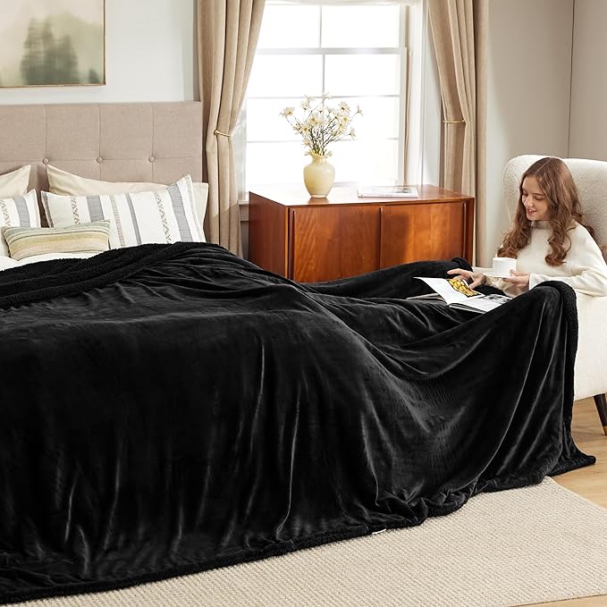 Bedsure GentleSoft Sherpa Fleece Oversized Cal King Blankets for Bed - Thick and Warm, Soft Fuzzy Plush Large Blanket for Winter, Black, 112x98 Inches