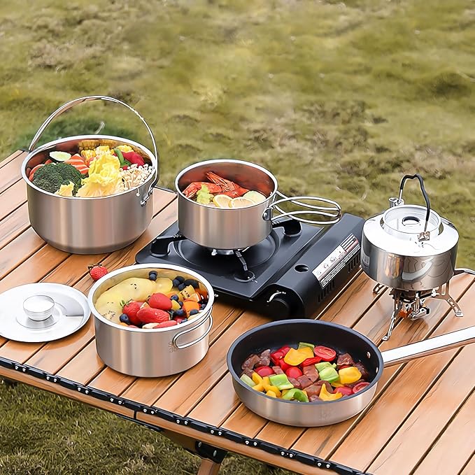 Jorunhe 7PCS Camping Cooking Set,Camping Cookware Mess Kit,304 Stainless Steel Camping Cookware with Travel Tote Bag for Camping Outdoor Cooking & Picnic,RVs