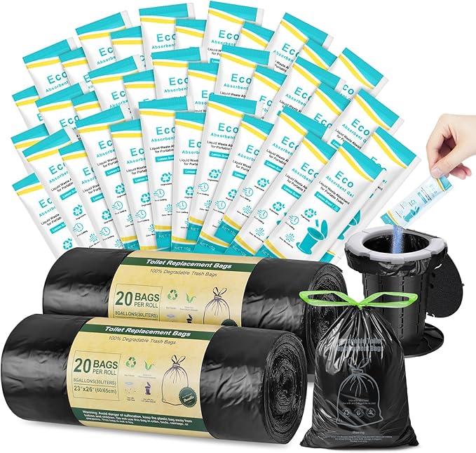 BLIKA Camping Toilet Bags Eco Absorbent Gel Set, Drawstring Portable Toilet Bags with Gel, 8 Gallon (30L) Heavy Duty 1.97 Mil, Toilet Replacement Bag with Toilet Powder for Camping Outdoor Hiking