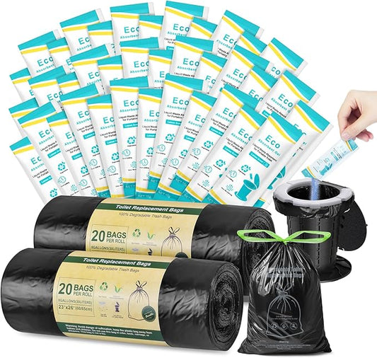 BLIKA Camping Toilet Bags Eco Absorbent Gel Set, Drawstring Portable Toilet Bags with Gel, 8 Gallon (30L) Heavy Duty 1.97 Mil, Toilet Replacement Bag with Toilet Powder for Camping Outdoor Hiking