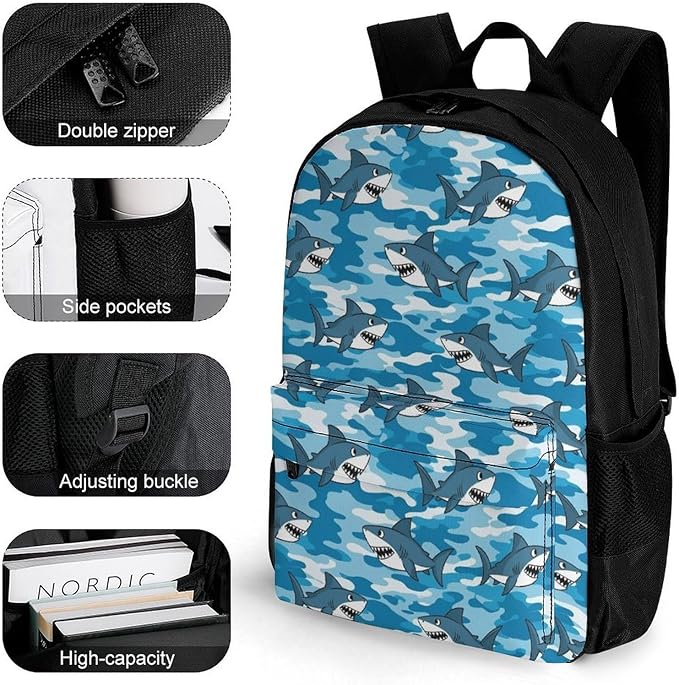 Supdreamc Men Women Polyester Army Blue Camo Shark Art Daypack Backpack Large Capacity Carry On Bag With Smooth Zippers for Hiking Picnic Walking Cycling
